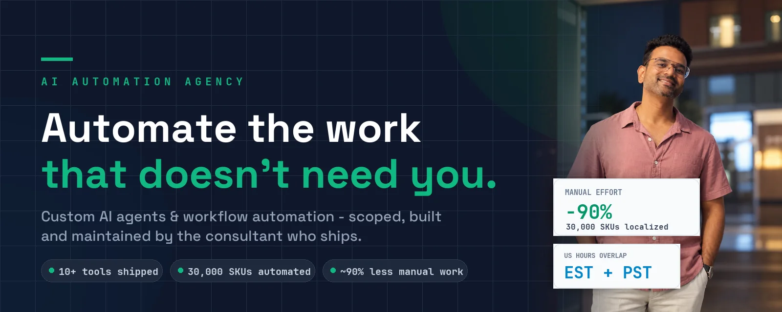AI automation agency — 30,000 SKUs automated, 90% less manual effort, US hours overlap