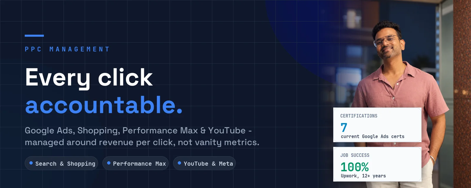 PPC management services — 7 Google Ads certifications, 100% Job Success, 12+ years